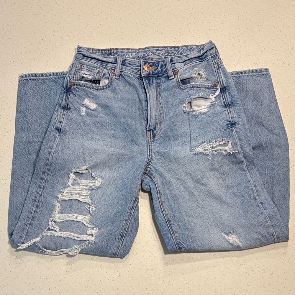 American Eagle Distressed High Rise Straight Blue Denim Women's Jeans
